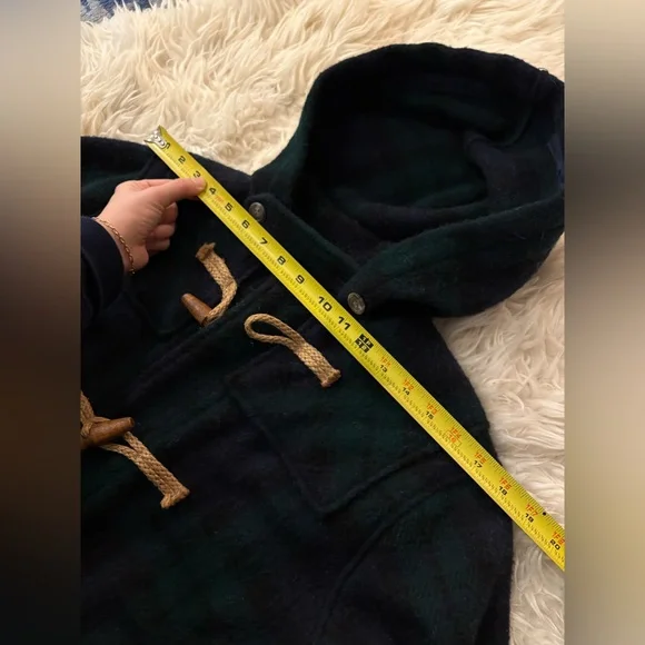 Vintage 90s Ralph Lauren Toggle Coat 100% Wool Duffle Green Plaid Long Overcoat - Picture 5 of 6
